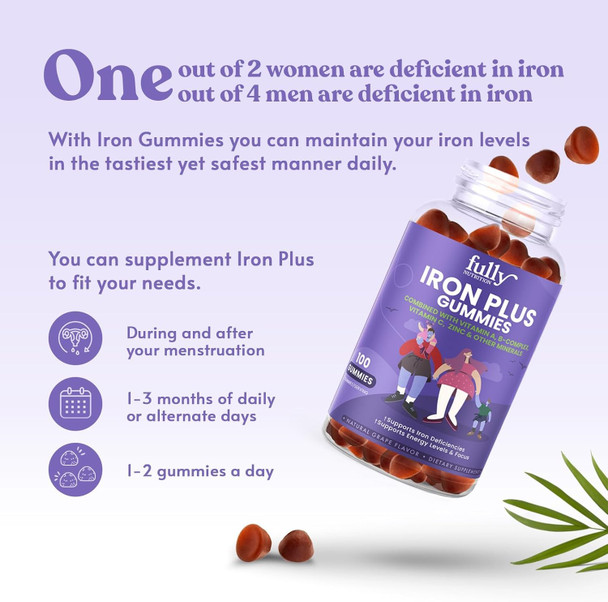 Iron Gummies Supplements For Adults (Women, Men) And Kids – Grape Flavor- Supports Anemia, Energy And Focus Levels – 200 Count