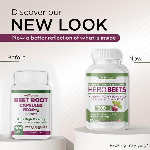 Beet Root Capsules 1500Mg - Organic Beet Root Powder + Vitamin C Zinc, Elderberry, Pomegranate, Grape Seed Extract - Nitric Oxide Supplement, Supports For Healthy Circulation - 3 Months Supply