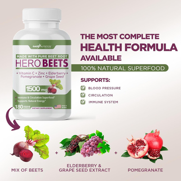 Beet Root Capsules 1500Mg - Organic Beet Root Powder + Vitamin C Zinc, Elderberry, Pomegranate, Grape Seed Extract - Nitric Oxide Supplement, Supports For Healthy Circulation - 3 Months Supply