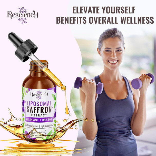Saffron Supplements - 88.5 Mg Saffron Extract Better Bioavailability Liposomal Drops For Mood, Energy, Vision & Focus With Ashwagandha, Turmeric, Magnesium, Zinc, Vitamin B12 & D3, 60 Ml, 30 Servings