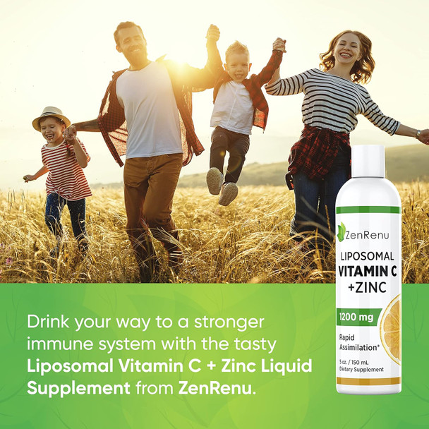 Zenrenu Liposomal Vitamin C And Zinc Liquid Drink For Adults & Kids - Non Gmo Sunflower Lecithin - Max Antioxidant & Immune Support, 5 Oz / 150 Ml