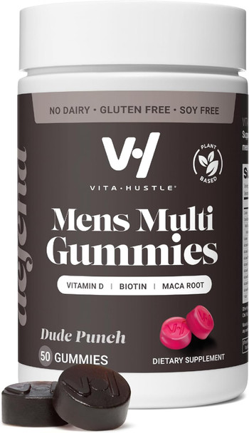 Vitahustle Mens Multivitamin Gummies, Vegan, Biotin, Maca Root, Energy, Immunity, Hair, Skin & Nails, Low Sugar, Non Gmo, Dude Punch, 50 Count