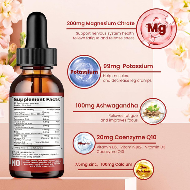 Potassium Magnesium Citrate Supplement, Liquid Magnesium Citrate Drops 200Mg With Ashwagandha, Calcium, Zinc, Vitamin D3, B6, B12, Coq10 - Vegan 2 Fl Oz Mix Berry Flavor
