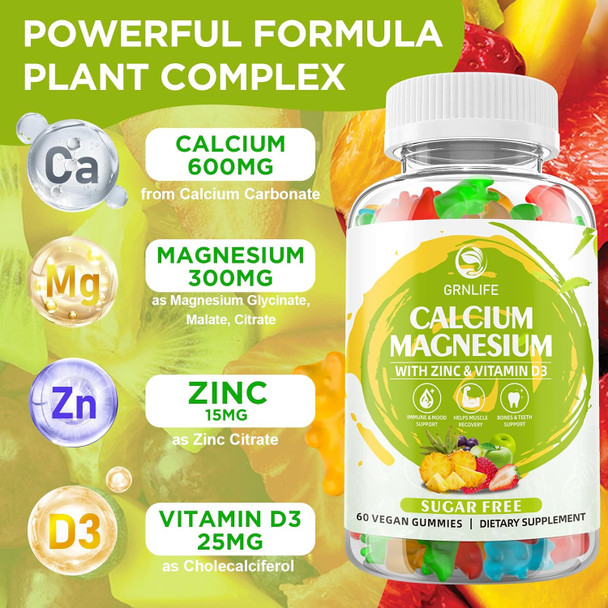 Calcium Magnesium Zinc Supplement With Vitamin D3, Sugar Calcium Gummies For Women Men, High Potency Magnesium Gummies For Bone & Muscle & Immune Health, Mixed Flavors - 60 Count