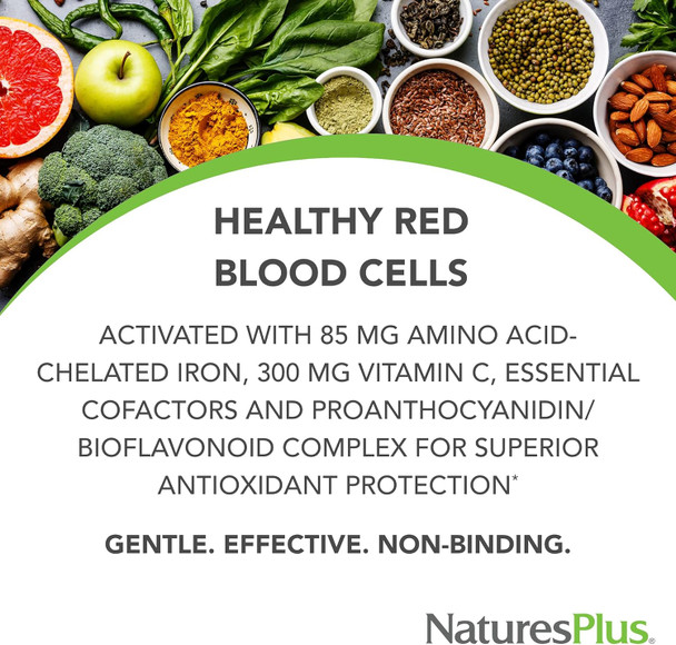 Natures Plus Hema-Plex Iron - 60 Slow-Release Mini-Tabs - 85 Mg Chelated Iron - Total Blood Health - With Vitamin C & Bioflavonoids - Vegan, Gluten - 30 Servings