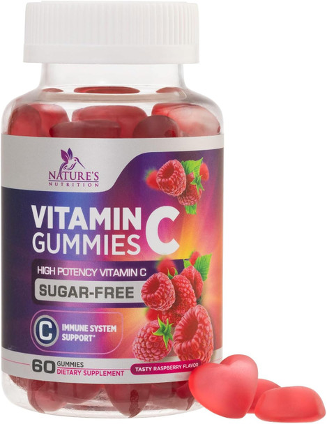 Zero Sugar Vitamin C Gummies - Immune Support & Antioxidant Vitamin Dietary Supplement - Vegan, Non-Gmo, Dairy & Gluten C Vitamin Gummy - Raspberry Flavor For Kids & Adults - 60 Count Gummies