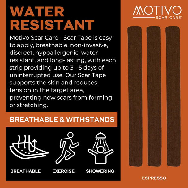 Motivo Scar Tape - 200”X1” Roll (20 Strips)  Water And Sweat Resistant Scar Tape, Latex-Free, Sticks For 3-5 Days  Scar Tape For Surgical Scars, C Section, Burns, Gender Affirming Surgery - Espresso