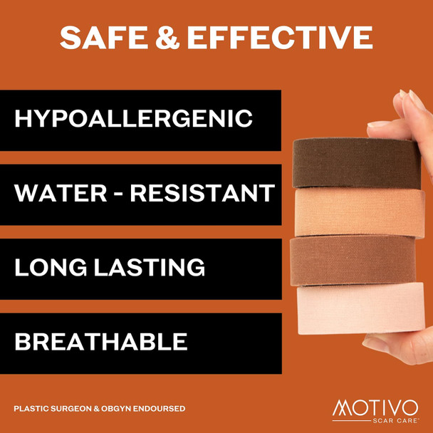 Motivo Scar Tape - 200”X1” Roll (20 Strips)  Water And Sweat Resistant Scar Tape, Latex-Free, Sticks For 3-5 Days  Scar Tape For Surgical Scars, C Section, Burns, Gender Affirming Surgery - Espresso