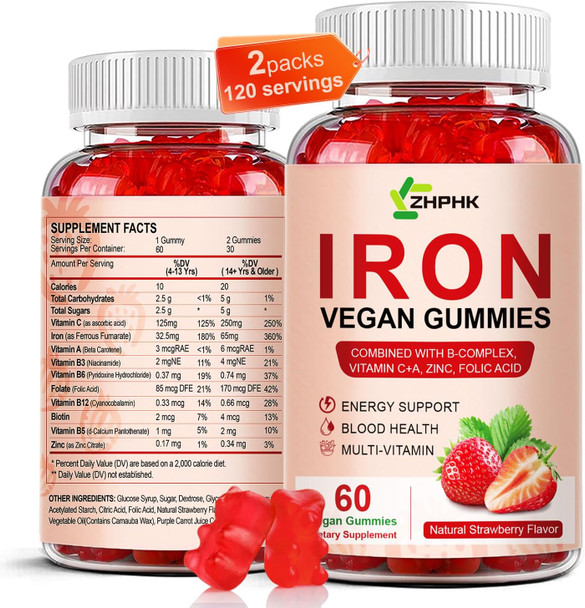 Iron Supplement Gummies For Women, Men & Kids, 65Mg Iron & 250Mg Vitamin C Per Serving - Blood Builder & Immune Support Iron Vitamin Iron Gummy Vitamin With Folate, 2 Pack