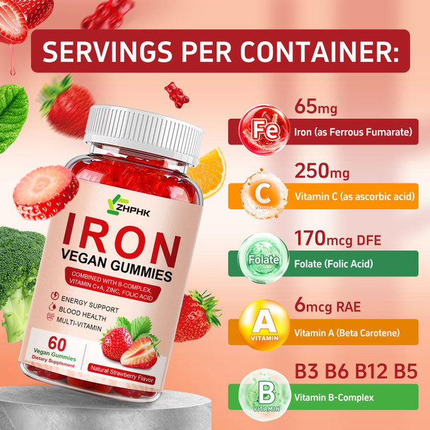 Iron Supplement Gummies For Women, Men & Kids, 65Mg Iron & 250Mg Vitamin C Per Serving - Blood Builder & Immune Support Iron Vitamin Iron Gummy Vitamin With Folate, 2 Pack