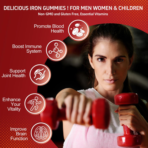 Iron Supplement Gummies For Women, Men & Kids, 65Mg Iron & 250Mg Vitamin C Per Serving - Blood Builder & Immune Support Iron Vitamin Iron Gummy Vitamin With Folate, 2 Pack
