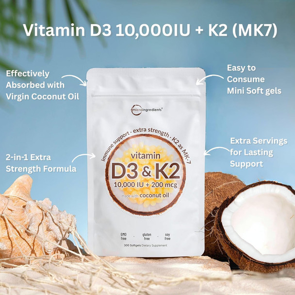 Micro Ingredients Vitamin D3 10,000 IU + K2 MK-7 200 mcg 300 Softgels