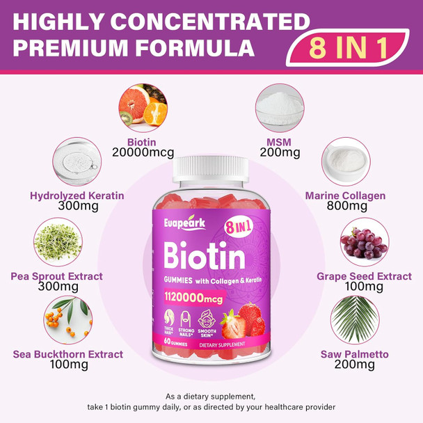 Biotin Gummies 20000 Mcg, Biotin For Hair Growth Women, 8-In-1 Biotin Gummies With Collagen, Keratin & Folic Acid, Biotin Gummies For Women, Biotin Gummies For Hair Skin & Nails, Non-Gmo, 120 Servings