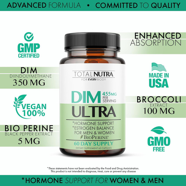 Dim Supplement: Dim Ultra 455Mg Diindolylmethane, Broccoli, Bioperine Natural Estrogen Blocker For Men, Female Hormone Balance For Women Menopause, Hormonal Acne, Pcos Support