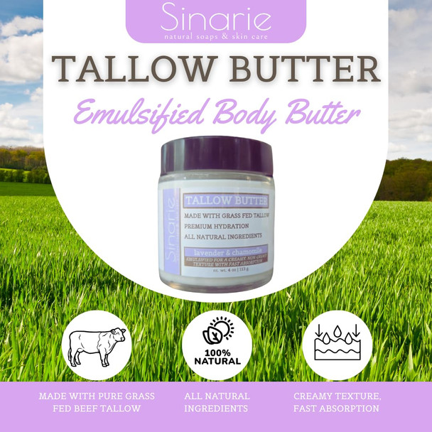Grass-Fed Beef Tallow Body Butter - Emulsified, Non-Greasy Moisturizer, 4 Oz Soaps & Skin Care (4 Oz., Lavender & Chamomile)