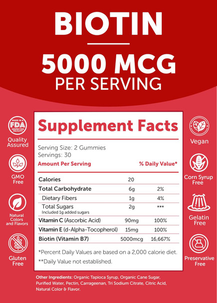 Lunakai Usa Made Biotin Gummies 5000Mcg With Vitamin C & E - Delicious Hair Skin Nails Vitamins For Women, Non-Gmo, Hair Growth Supplement, 60 Ct