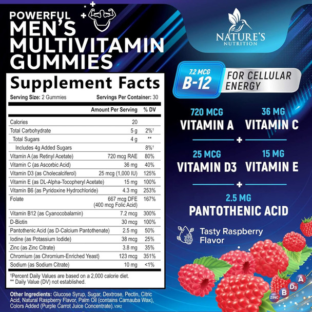 Men Multi Vitamin Gummy - Multi-Vitamin For Men Daily Nutritional Support With Vitamins A, C, D, E, B12, Zinc, Folate, Biotin & More - Energy, Memory, Focus & Immune Health Support - 60 Gummies