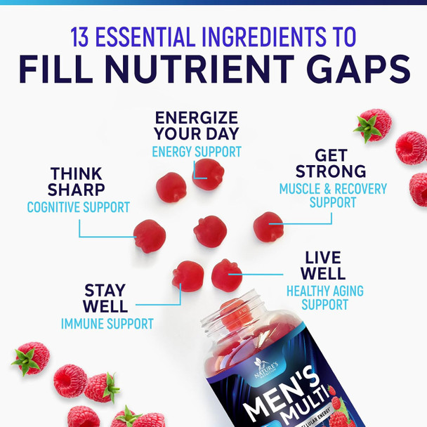 Men Multi Vitamin Gummy - Multi-Vitamin For Men Daily Nutritional Support With Vitamins A, C, D, E, B12, Zinc, Folate, Biotin & More - Energy, Memory, Focus & Immune Health Support - 60 Gummies