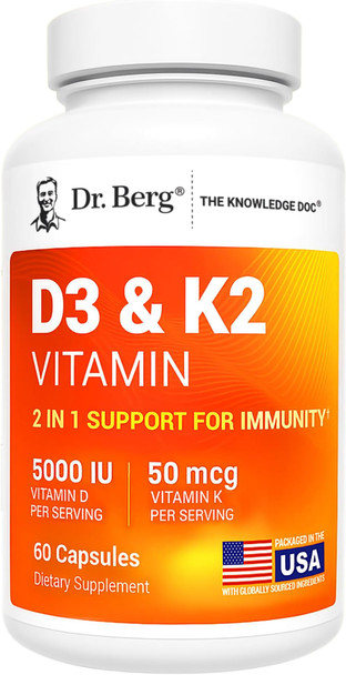 Dr. Berg D3 K2 Vitamin 5000 Iu W/Mct Powder  Includes 50 Mcg Mk7 Vitamin K2 Purified Bile Salts Zinc and  Magnesium For Ultimate Absorption  K2 D3 Vitamin Supplement  60 Capsules