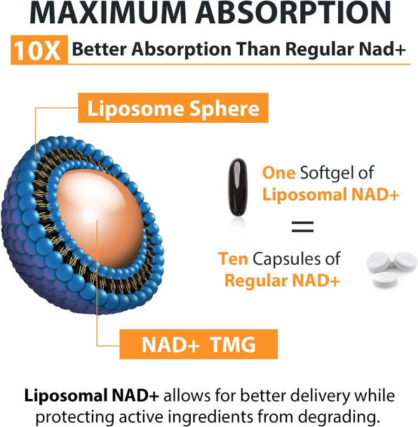 Liposomal Nad+ Supplement 500 Mg, High Absorption, Boost Nad+ With Tmg 250 Mg, Actual Nad Plus More Efficient Than Nicotinamide Riboside, Support Cellular Energy, Healthy Aging  60 Softgels