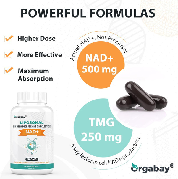 Liposomal Nad+ Supplement 500 Mg, High Absorption, Boost Nad+ With Tmg 250 Mg, Actual Nad Plus More Efficient Than Nicotinamide Riboside, Support Cellular Energy, Healthy Aging  60 Softgels