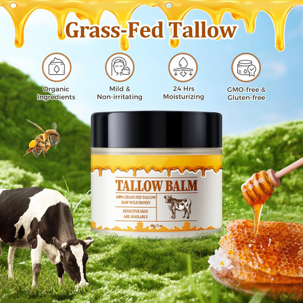 Beef Tallow For Skin, Tallow And Honey Balm, Natural Grass Fed Beef Tallow & Raw Wild Honey Balm, Organic Beef Tallow Face Moisturizer For Cracked, Dry Skin, Tallow Balm For Skin Hydration, 2 Oz