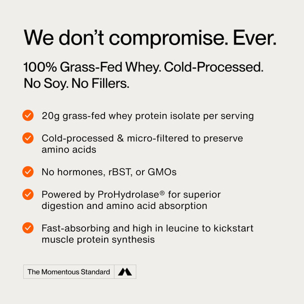 Momentous Essential Grass-Fed Whey Protein Powder - 20G Whey Isolate Protein - Nsf Certified, Gluten-Free, 24 Servings For Essential Everyday Use, Chocolate (Package May Vary)