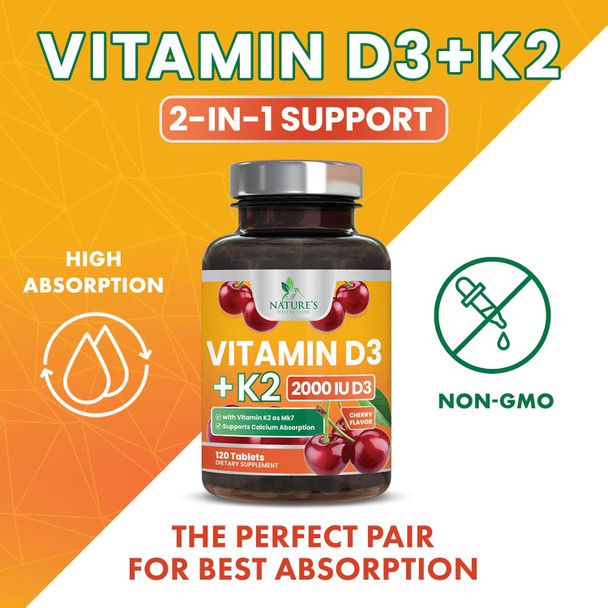 Vitamin D3 K2, Chewable Cherry D3 2000 Iu Plus K2 (Mk-7) 75 Mcg - 2 In 1 Vitamins D & K Complex - Vitamin K2 Mk7 + D3 Supplement Supports Immune & Heart Health, Calcium Absorption, Bones - 120 Tablets