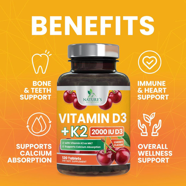 Vitamin D3 K2, Chewable Cherry D3 2000 Iu Plus K2 (Mk-7) 75 Mcg - 2 In 1 Vitamins D & K Complex - Vitamin K2 Mk7 + D3 Supplement Supports Immune & Heart Health, Calcium Absorption, Bones - 120 Tablets