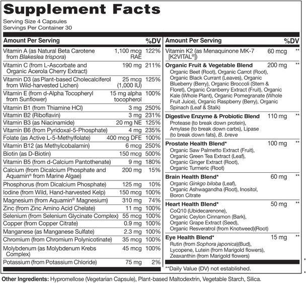 Naturelo Whole Food Multivitamin For Men 50+ - With Vitamins, Minerals, Organic Herbal Extracts - Vegan Vegetarian - For Energy, Brain, Heart And Eye Health - 120 Capsules