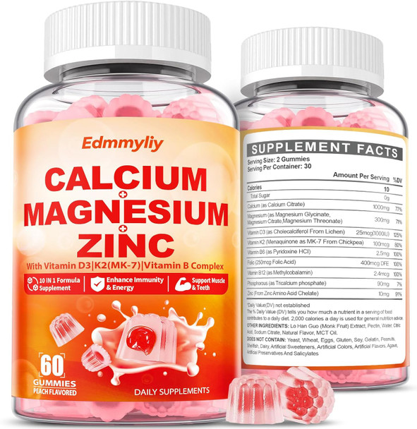 Calcium Magnesium Zinc Supplement Gummies With Vitamin D3 K2 & B Complex For Women Men 1000Mg Calcium Citrate With Magnesium Gummies For Bone, Muscles & Immune Support, Sugar Free, Vegan