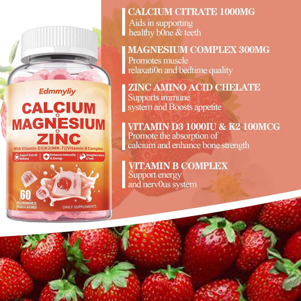 Calcium Magnesium Zinc Supplement Gummies With Vitamin D3 K2 & B Complex For Women Men 1000Mg Calcium Citrate With Magnesium Gummies For Bone, Muscles & Immune Support, Sugar Free, Vegan