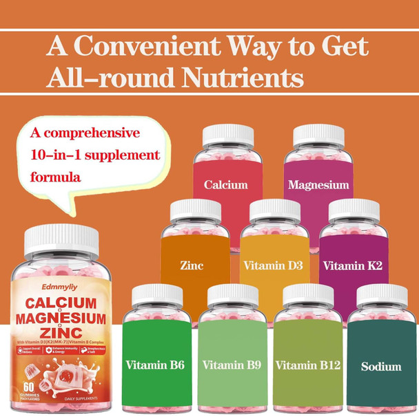 Calcium Magnesium Zinc Supplement Gummies With Vitamin D3 K2 & B Complex For Women Men 1000Mg Calcium Citrate With Magnesium Gummies For Bone, Muscles & Immune Support, Sugar Free, Vegan