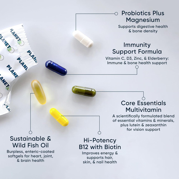 Planet 3 Vitamin Packs, Daily Vitamins For Immune, Energy, Heart & Vision Support  Multivitamins, Vitamin D, Probiotics, Omega 3, Methyl B12  Core Supplements For Women And Men  30 Daily Packs