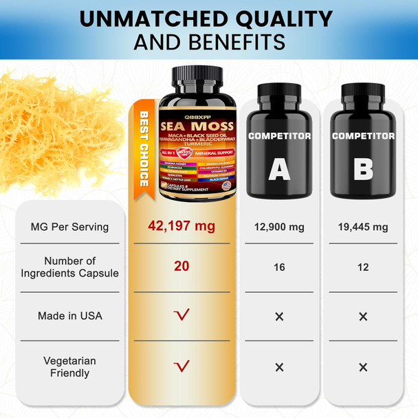 Sea Moss 18000Mg Maca 4000Mg Black Seed Oil 8000Mg Ashwagandha 4000Mg Bladderwrack Turmeric & Burdock Ginger Vitamin C D3 With Manuka Honey Elderberry Dandelion Yellow Dock Chlorophyll Acv, 180 Count
