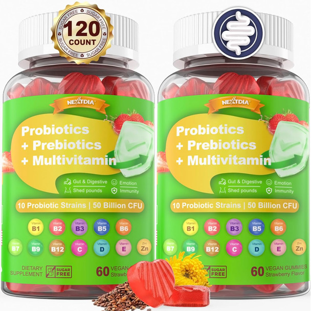 Probiotics Gummies For Women & Men - Fiber Probiotics Gummies With Prebiotics  50 Billion Cfus Probiotics, Inulin, Psyllium Husk & Multivitamin For Gut, Digestion & Immune Health, Vegan, 2 Pack