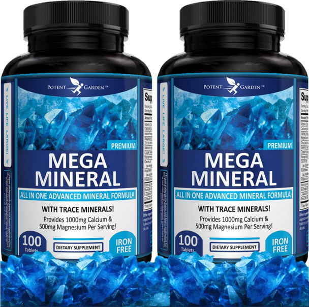 Potent Garden 2-Pack Mega Mineral Supplement Complete Mineral Complex With Calcium Magnesium Zinc Potassium Boron Selenium Chromium & 72 Trace Minerals Iron Calcium Supplement -200 Pills