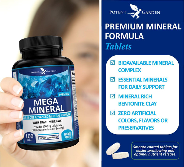 Potent Garden Mega Mineral Supplement Complete Mineral Complex With Calcium Magnesium Zinc Potassium Boron Selenium Chromium & 72 Trace Minerals Iron Calcium Supplement -100 Pills Potent Garden Mega Mineral Supplement Complete Mineral Complex With Calcium Magnesium Zinc Potassium Boron Selenium Chromium & 72 Trace Minerals Iron Calcium Supplement -100 Pills