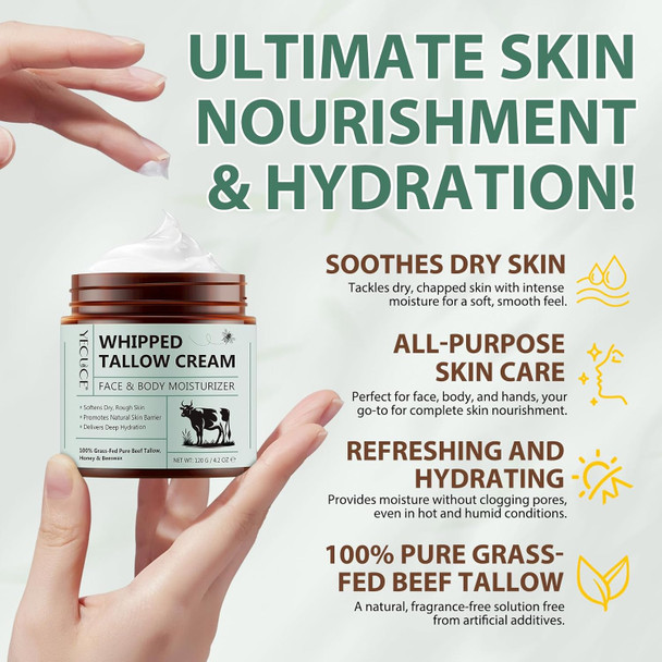 Whipped Tallow Balm, Beef Tallow For Skin, Whipped Beef Tallow And Honey Balm, Natural For Face And Body, Rich In Vitamins A, D, K And B12, Nourishing And Hydrating Skin - 4.2 Oz