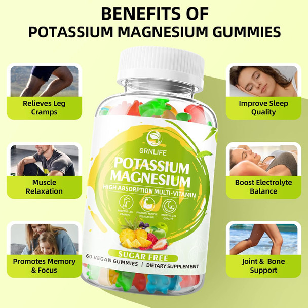Potassium Magnesium Supplement Gummies, Potassium Gummies For Adults Kids, High Absorption Magnesium Glycinate For Leg Cramps & Immune Health, Sugar-Free, Vegan Mixed Flavors, 60 Count