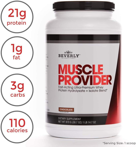 Beverly International Muscle Provider, 30 Servings, Chocolate. Super-Fast-Absorbing Whey Protein Powder For Recovery, Lean Muscle. Fills Your Muscles, Not Your Stomach. Tastes Like Ice Cream