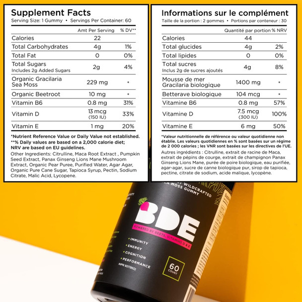 Bde Wildcrafted Sea Moss Gummy Maca Root, Beets, Lions Mane Mushroom, Vitamin D + E - Vegan Collagen, Zinc, Immunity & Detox, Gut Health - 60 Count