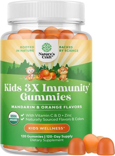 Organic Kids Immune Support Gummies - Vegan Organic Vitamin D Gummies For Kids With Vitamin C And Zinc For Kids Immunity - D3 Zinc And Vitamin C Gummies For Kids - Gluten & Non Gmo (120 Servings)