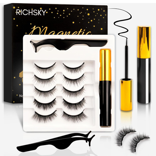 Magnetic Eyelashes, 3D Reusable Natural Magnetic Eyelashes Waterproof Set With 10Ml  Hypoallergenic Magnetic Eyeliner Kit,Easy To Apply-No Glue(5 Pairs)