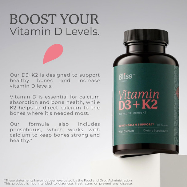 Vitamin D3 K2 - Vitamin D3 5000 Iu With Vitamin K2 As Mk-7, Calcium, And Phosphorus For Ultimate Absorption - Vitamin D Supplements, 120 Vegcaps, 120 Day Supply