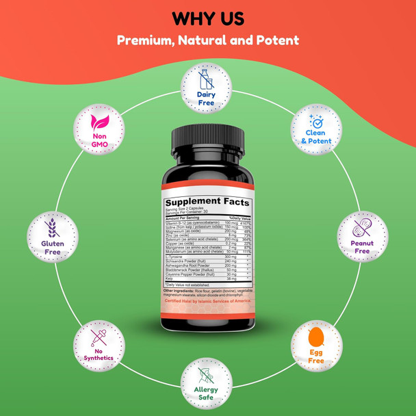 Halal Thyroid Support 30 Servings  Non-Gmo Relief Supplement W/ B12, Iodine, Selenium, L-Tyrosine  Supports Energy, Metabolism, Focus, Clarity, Cortisol Balance Halal Thyroid Support 30 Servings  Non-Gmo Relief Supplement W/ B12, Iodine, Selenium, L-Tyrosine  Supports Energy, Metabolism, Focus, Clarity, Cortisol Balance