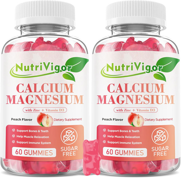 Calcium Gummies 600Mg With Vitamin D3, Calcium Magnesium Zinc Gummies For Bone & Immune Support, Calcium Supplement For Women & Men, Sugar Free, Vegan, Peach Flavor, 120 Count