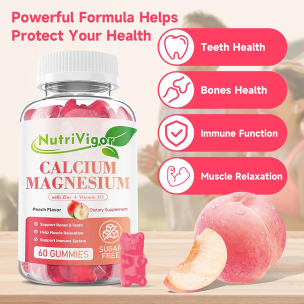 Calcium Gummies 600Mg With Vitamin D3, Calcium Magnesium Zinc Gummies For Bone & Immune Support, Calcium Supplement For Women & Men, Sugar Free, Vegan, Peach Flavor, 120 Count
