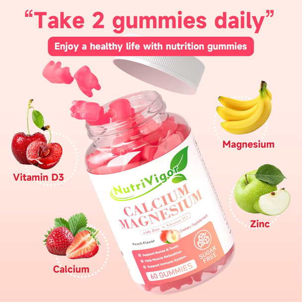 Calcium Gummies 600Mg With Vitamin D3, Calcium Magnesium Zinc Gummies For Bone & Immune Support, Calcium Supplement For Women & Men, Sugar Free, Vegan, Peach Flavor, 120 Count
