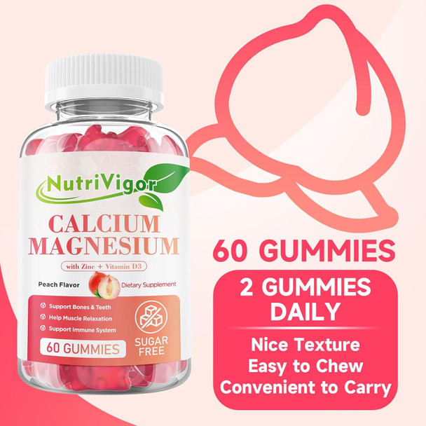 Calcium Gummies 600Mg With Vitamin D3, Calcium Magnesium Zinc Gummies For Bone & Immune Support, Calcium Supplement For Women & Men, Sugar Free, Vegan, Peach Flavor, 120 Count